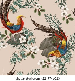 Seamless pattern with gold pleasant and fir branch. Vector