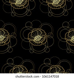 Seamless pattern with gold poppy and circles on black background