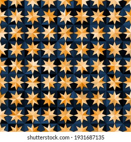 Seamless pattern. Gold pseudoconvex eight-pointed stars. Background from dark blue elements.