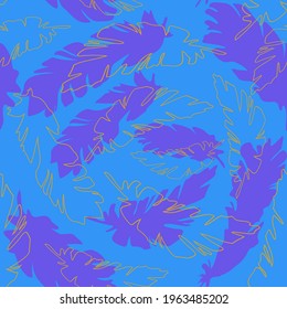 Seamless pattern of gold and purple feathers on a blue background.Cute background made of banana leaves. Vector background of tropical leaves.Vector illustration in flat style for wallpaper decoration