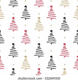 Seamless pattern of gold, red and black Christmas tree. White background.