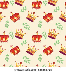 Seamless pattern with gold and red crown with jewels and green leaves of Laurel on yellow background.