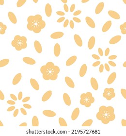 Seamless pattern with gold rice seeds and cherry blossom Sakura flower on white background vector illustration. Flat design.