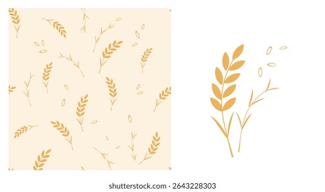 Seamless pattern with gold rice or wheat plant and flying seeds on yellow background vector. Rice or wheat logo sign vector.
