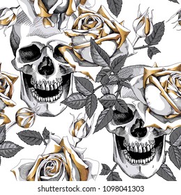 Seamless pattern with gold Rose flowers, leaves, buds and silver skulls  on a white background. Vector illustration.