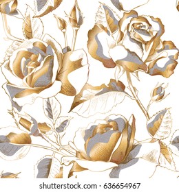 Seamless pattern with gold Rose flowers, leaves and buds on a white background. Vector illustration.