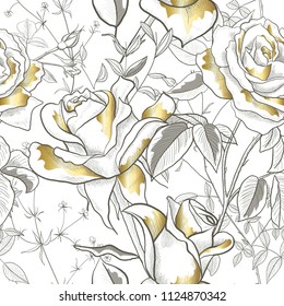 Seamless pattern with gold Rose, leaves and buds on a white background. Modern abstract design for paper, wallpaper, cover, fabric and other users. Vector illustration.
