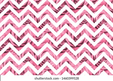 Seamless pattern with gold roses on white zig zag geometric background