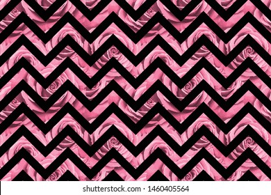 Seamless pattern with gold roses on black zig zag geometric background