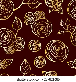 Seamless pattern with gold roses on dark background.