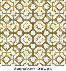 Seamless pattern with gold round and square rings and chains. Khaki geometric vector. For printing on Wallpaper, packaging and fabrics.