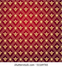 Seamless pattern of gold royal lilies on a dark red background