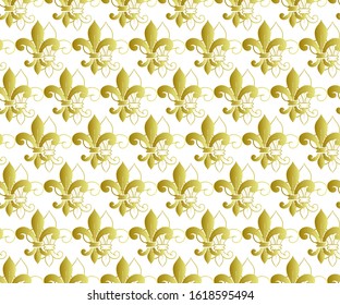 Seamless pattern with a gold royal lily called a fleur-de-lis on a white background. Vector heraldic ornament. Usable for design, packaging, wallpaper, textile, card, web