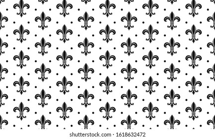 Seamless pattern with a gold royal lily called a fleur-de-lis on a white background. Vector heraldic ornament. Usable for design, packaging, wallpaper, textile, card, web