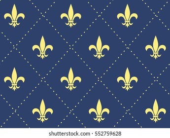 Seamless Pattern with gold Royal Lily on blue background
