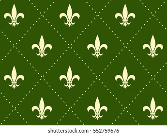Seamless Pattern with gold Royal Lily on green background
