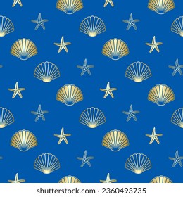seamless pattern with gold seashells - vector blue background