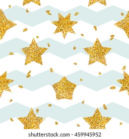 Seamless pattern with Gold set, golden star collection, blots, drops, blue strips. Gloss, shine, spark. Hand drawn decorative elements, vector illustration, endless background, repeatable backdrop.