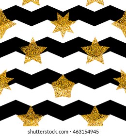 Seamless pattern with Gold set, golden star collection, black strips. Gloss, shine, spark. Hand drawn decorative elements, vector illustration, endless background, repeatable backdrop.