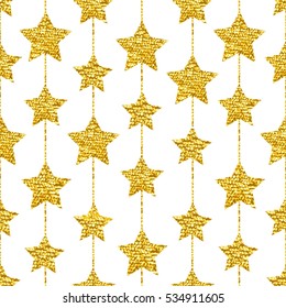 Seamless pattern with gold shine glitter stars on white background. For wrap, wallpapers, backgrounds and scrapbooks. For Merry Christmas, Happy New Year products. Art vector illustration
