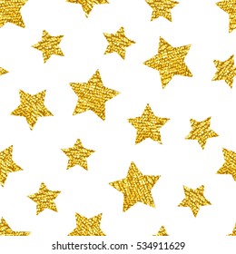 Seamless pattern with gold shine glitter stars on white background. For wrap, wallpapers, backgrounds and scrapbooks. For Merry Christmas, Happy New Year products. Art vector illustration