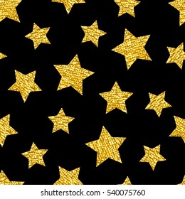 Seamless pattern with gold shine glitter stars on black background. For wrap, wallpapers, backgrounds and scrapbooks. For Merry Christmas, Happy New Year products. Art vector illustration