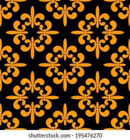 Seamless pattern with gold silhouettes gothic royal lily flowers on a black background. Fleur-de-lys. Endless print texture - vector