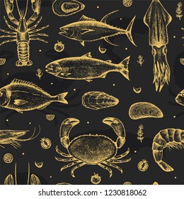 Seamless pattern with gold silhouettes of seafood on grey background with dark silhouettes. Hand-drawn tuna, crab, lobster, salmon, oyster, mussel, dorado, shrimp, squid. Vector.