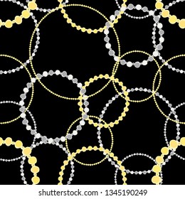 Seamless pattern with gold and silver chains on a black background. Set of gold and silver jewelry. Stylish wallpaper of gold and silver bracelets.Stylish gold and silver accessories for women.