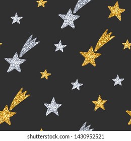 Seamless pattern with gold and silver glittering stars on black background. Vector illustration for print, scrapbook or wrapping paper