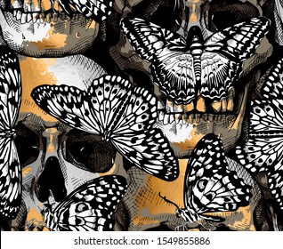 Seamless pattern. Gold and silver Human skulls with a exotic Butterflies. Textile composition, hand drawn style print. Vector illustration.