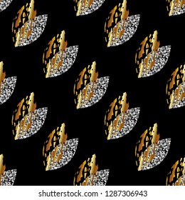 seamless pattern of gold and silver leaves on a black background. Vector illustration
