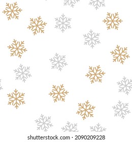 Patrón sin foco con copos de nieve de oro y plata sobre fondo blanco. Ilustración del vector