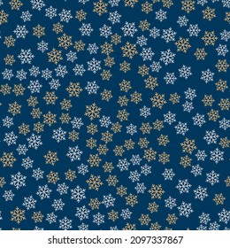 Nahtloses Muster mit Gold- und Silberschneeflocken auf blauem Hintergrund. Vektorgrafik