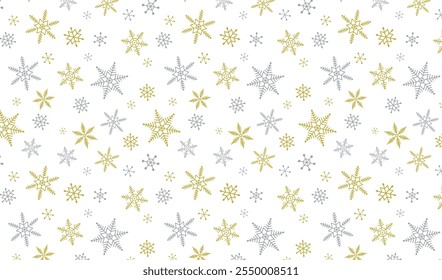 Seamless pattern of gold and silver snowflakes on transparent background