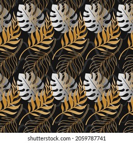 Patrón sin foco con plantas tropicales de oro y plata sobre un fondo. Diseño abstracto exótico moderno para papel, papel pintado, cubierta, tela. Ilustración vectorial.
