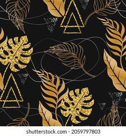 Seamless pattern with gold, silver tropical plants and triangles on a black background. Modern exotic abstract design for paper, wallpaper, cover, fabric. Vector illustration.