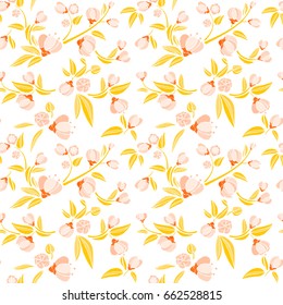 Seamless pattern of gold small flowers like piones on a white background. Embroidery ethnic floral background. line design fashion wearing. Vector vintage , decorative element for patches and stickers