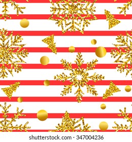 Seamless pattern with gold snowflakes and circles on a background of red stripes.Bright and cheerful background for Christmas and New Year. Vector illustration.