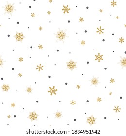seamless pattern gold snowflakes with dots on white background, Winter background.