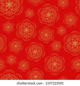 seamless pattern with gold snowflakes on red background
