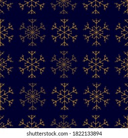 Patrón sin foco con copos de nieve dorados sobre fondo azul oscuro. Textura sin fisuras de invierno con copos de nieve decorativos para diseño navideño, tarjeta de saludo, papel envolvente, afiches. Ilustración vectorial de acciones