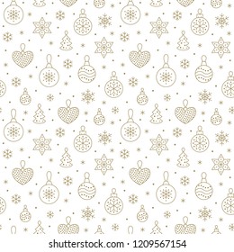 Seamless pattern with gold snowflakes and toy balls on white background. Flat line pine tree decoration icons, cute repeat wallpaper. Nice element for christmas banner, wrapping. New year ornament.