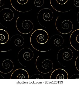 seamless pattern with gold spiral curls ornament. Vintage design golden Christmas element. Abstract ornate floral decor for wallpaper, fabric, cloth, textile. Vector isolated black background