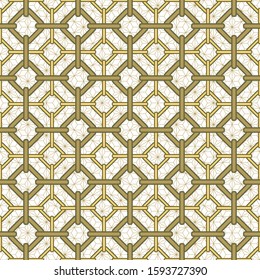 Seamless pattern with gold square rings and chains. Khaki geometric vector. For printing on Wallpaper, packaging and fabrics.