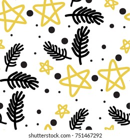 Seamless pattern with gold stars and black graphic dots background and sprig pine. Design with doodle and graphic elements for wrapping, paper, textile, fabric and decoration. 