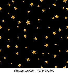 Seamless pattern with gold stars confetti isolated on black background.