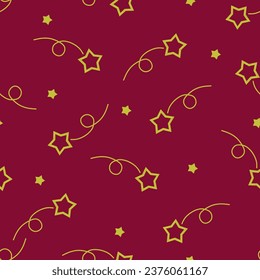 Seamless pattern gold stars on plum background, print on paper, packaging, textile, bed linen, fabric, wrapping paper, Christmas design, gifts.