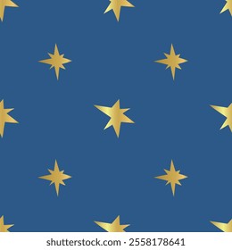 Seamless pattern with gold stars on blue background. Ornament for gift wrapping paper, fabric, etc.