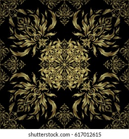 Seamless pattern - gold stars on a black background. Vintage ornament. Vector illustration.